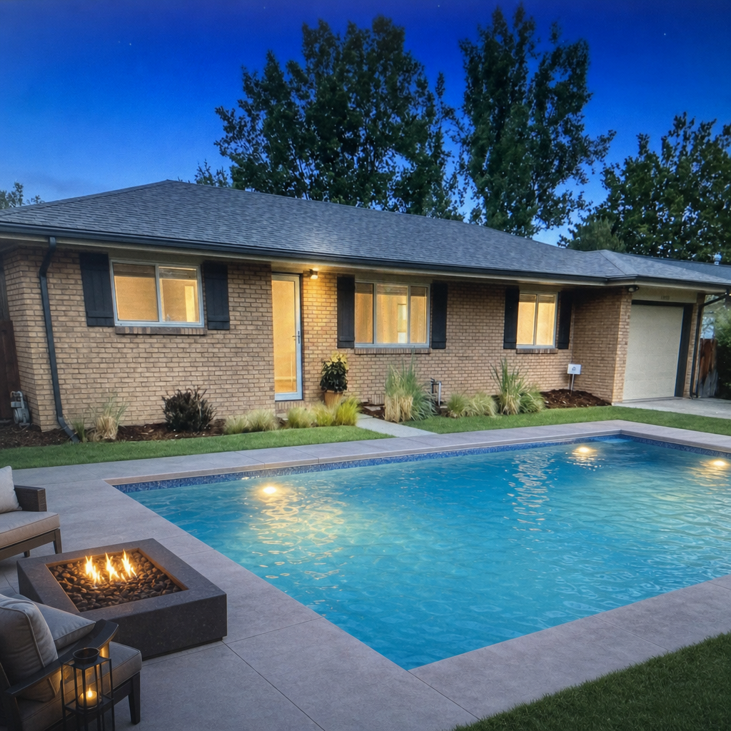 After — AI pool with fire pit rendered on brick ranch house