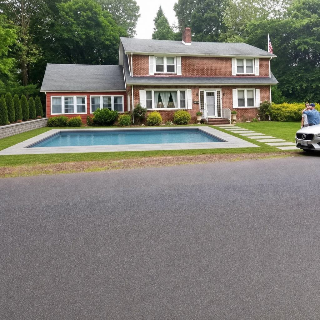 After — AI pool rendered on colonial brick house