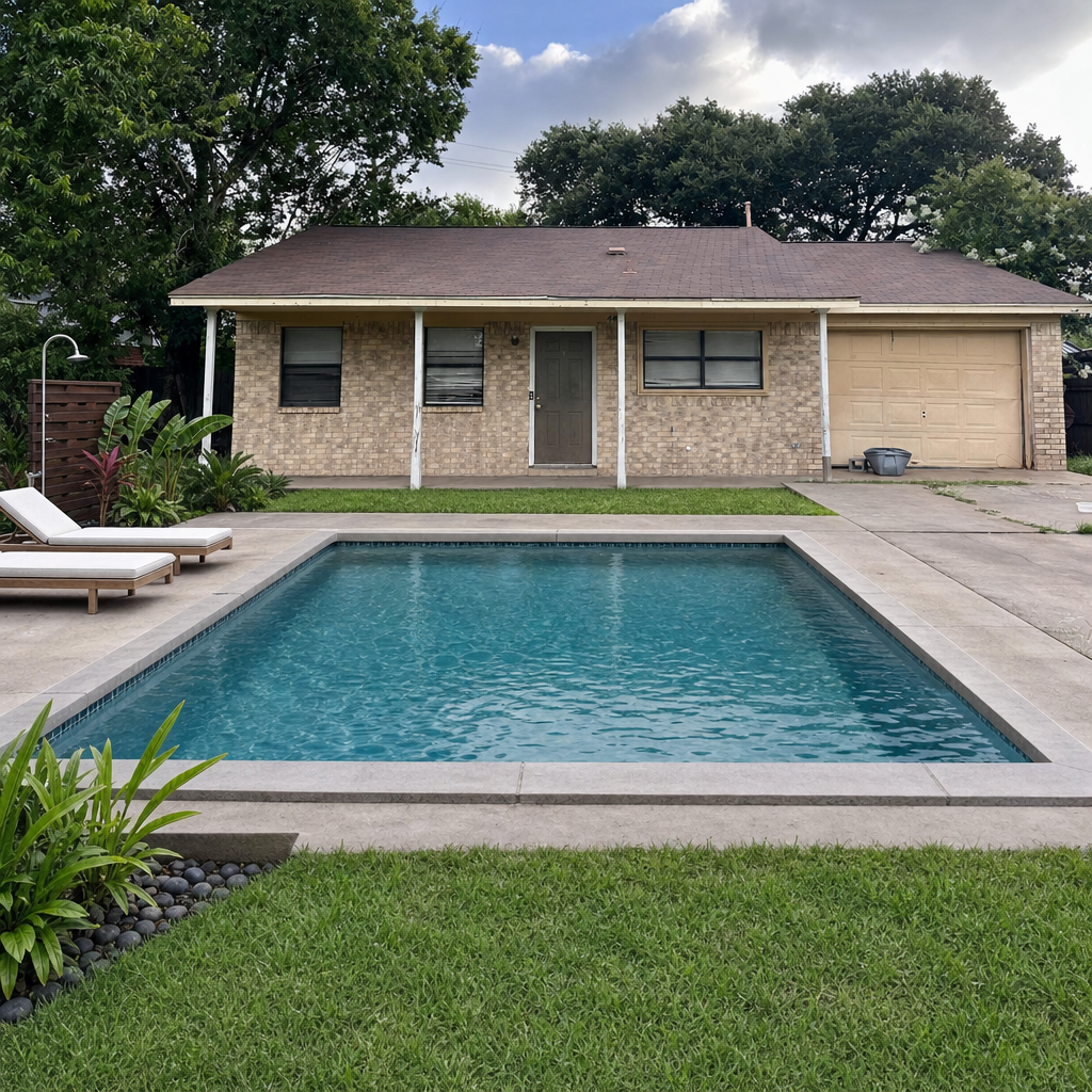After — AI pool rendered on small ranch house