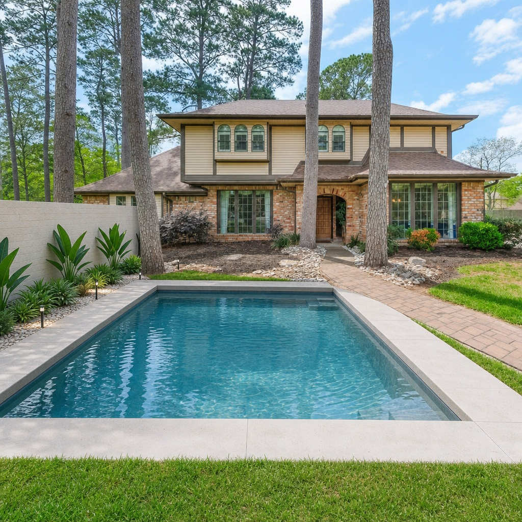 After — AI pool rendered on luxury house with pine trees