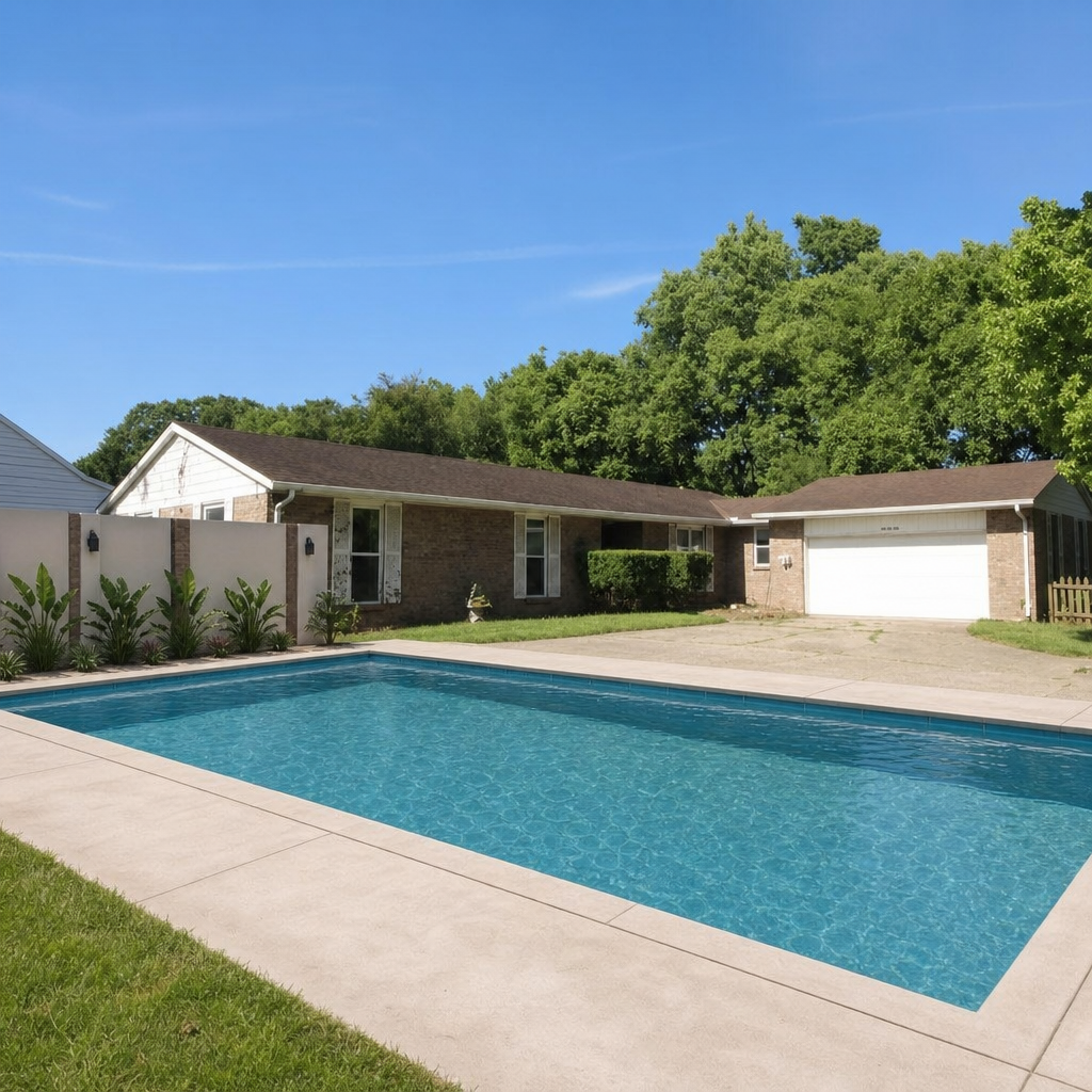 After — AI pool rendered on suburban ranch house