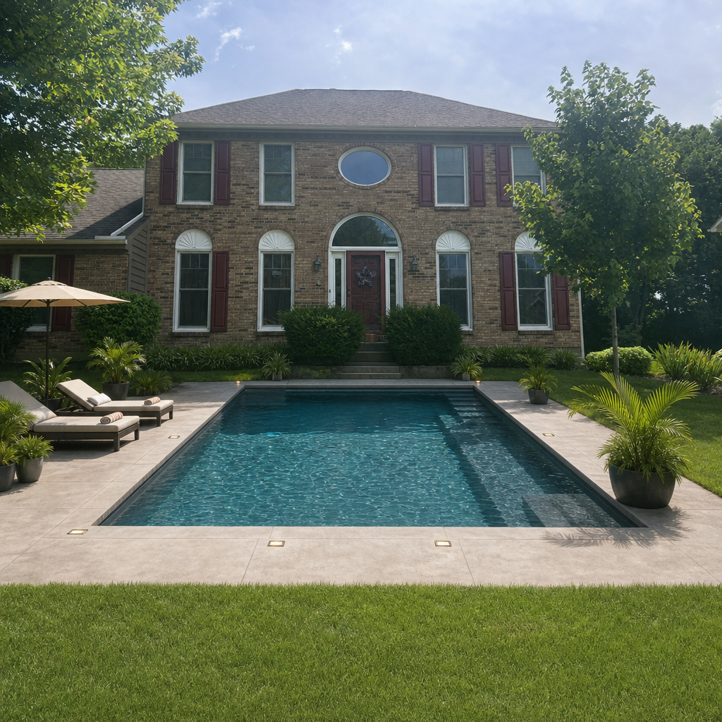 After — AI pool rendered on formal two-story house
