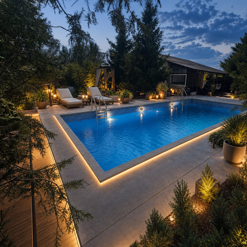 After — unfinished pool reimagined with evening lighting, tile, and lounge furniture