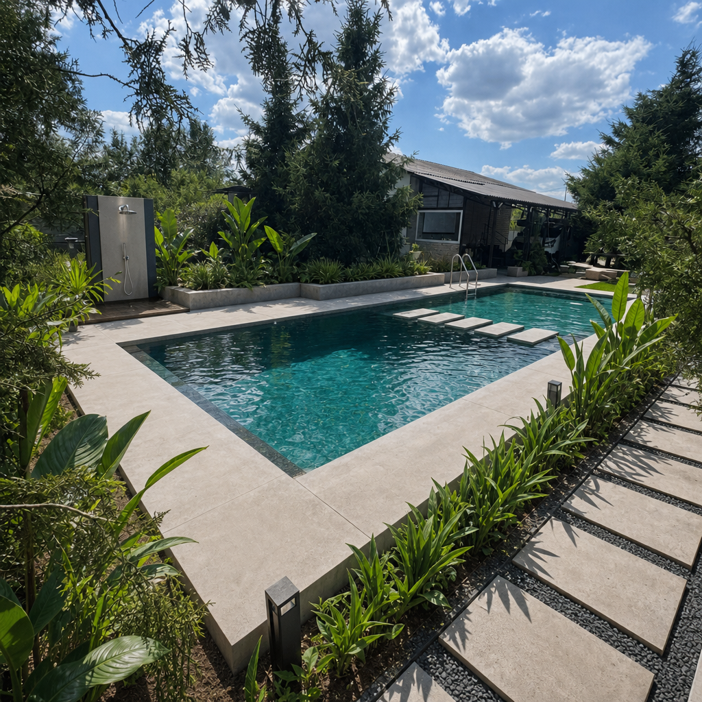 After — unfinished pool reimagined with a full stone deck, retile, and landscaping