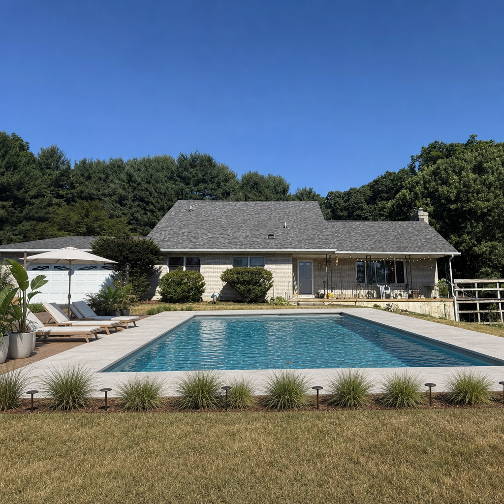 After — AI pool rendered on French farmhouse