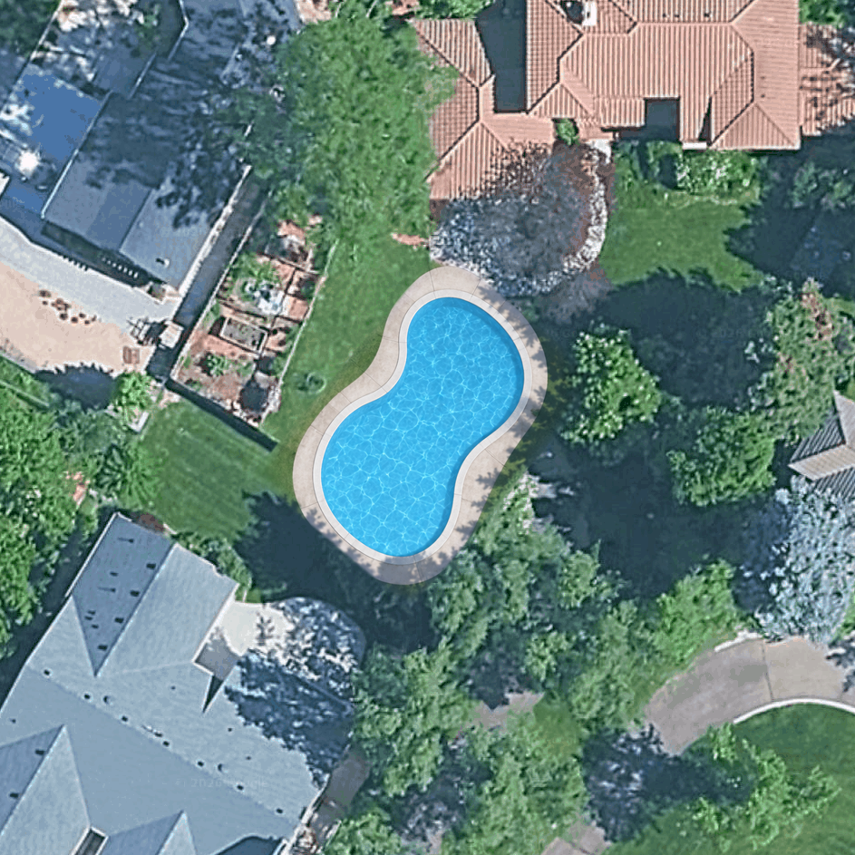 After — AI-rendered kidney-shaped pool on a satellite view