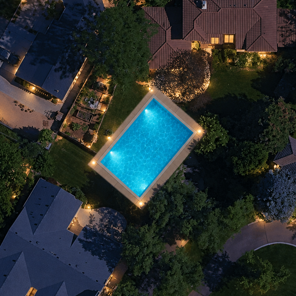 After — the same pool relit as a night view with glowing pool lights