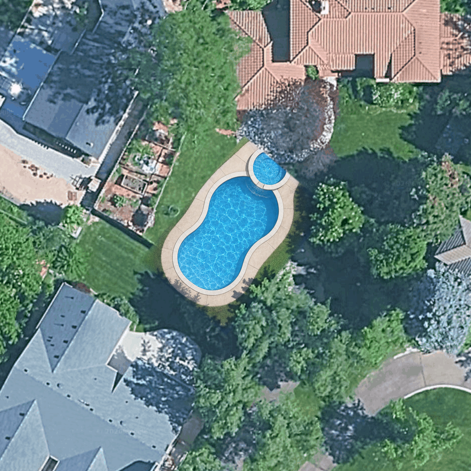 After — AI-rendered kidney pool with an attached round spa on a satellite view