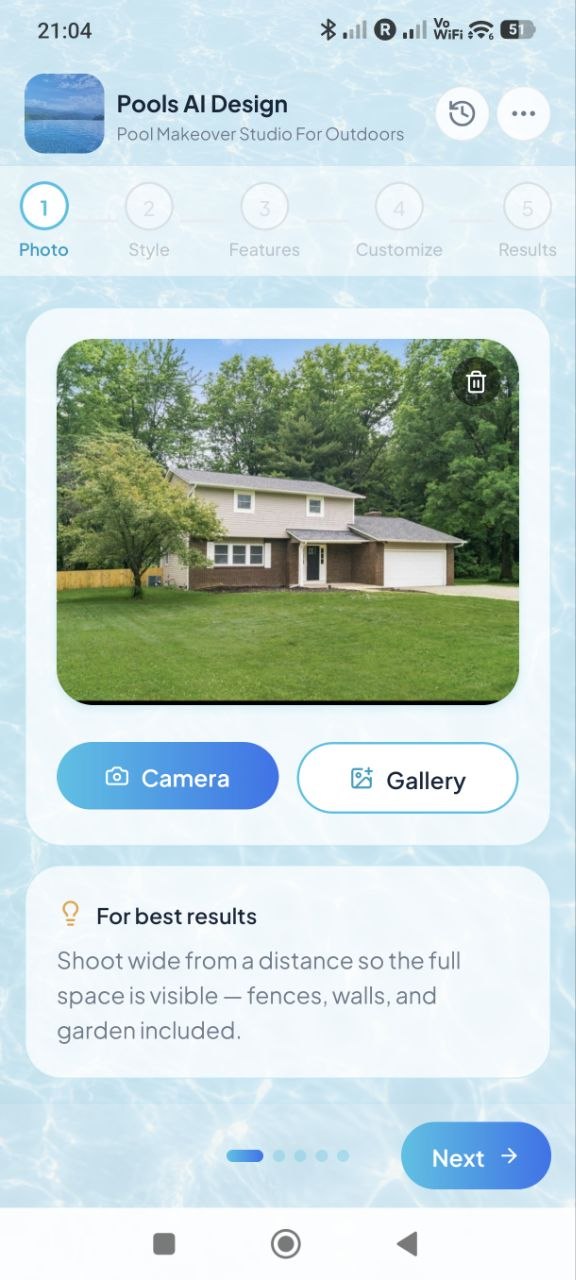 Pools AI Design — photo upload step