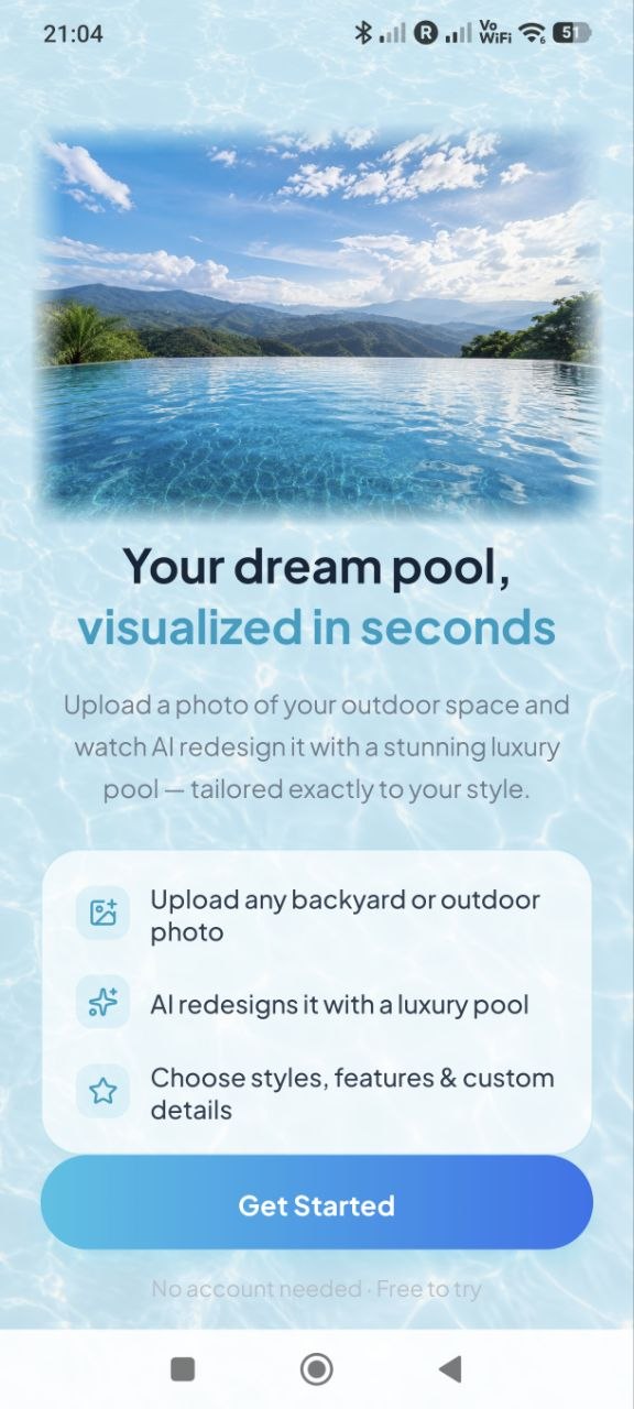 Pools AI Design — welcome screen