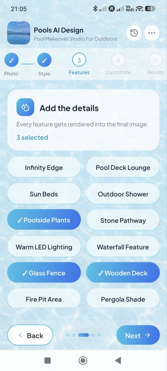 Step 3 — choose pool features in Pools AI Design